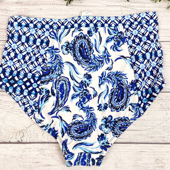 NEW COASTAL BLUE Floral Tropical High Waisted Blue & White Bikini Bottom M - Picture 7 of 8